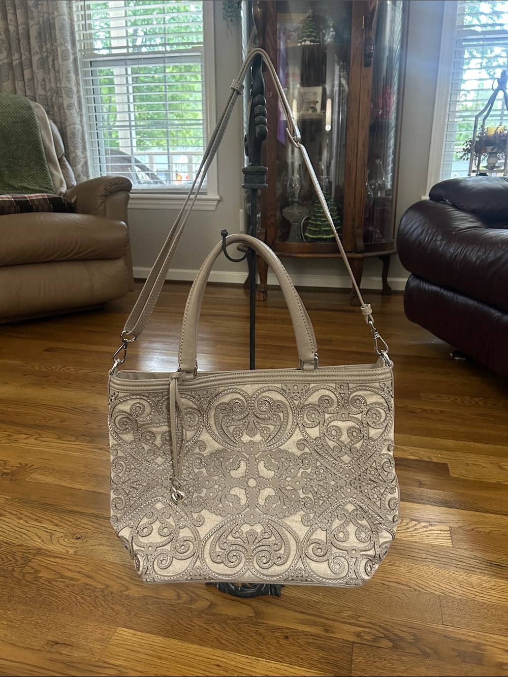 Brighton Beige Embossed Scroll Shoulder Tote